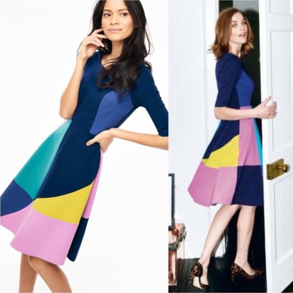 Boden Alice Ponte Knit Fit & Flare Color Block Dress Blue/Pink/Yellow Size 8L